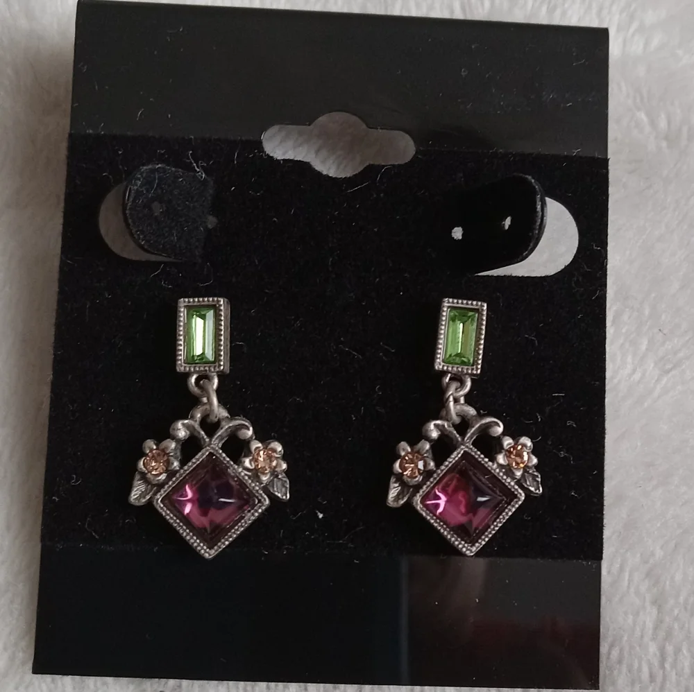 Silver Tone Geometric Floral Drop Earrings - Picture 1 of 4